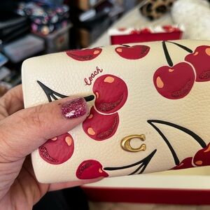 Coach Cherry Print Leather Cosmetic Case Or Wristlet In Box